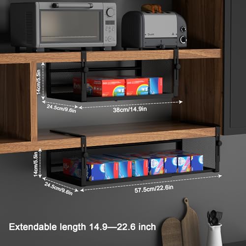 AmonHouseware 2Pack Under Shelf Basket, Adjustable Hanging Under Cabinet Shelf Storage, Hanging Holder Length Stretchable 14.9-22.6Inch for Kitchen Pantry Desk Counter Bookshelf Cupboard (Black) - color: Black