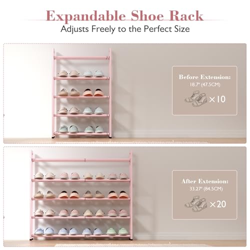 Bumusty 5-Tier Expandable Shoe Rack for Closet, 18“-33” Adjustable Shoe Rack for Small Space, Small Shoe Organizer for Front Door, Sturdy Metal (Pink) - color: Pink, size: 5-Tier