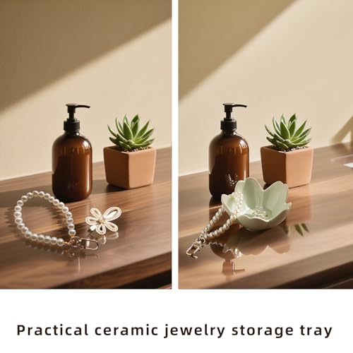Floral Ceramic Jewelry Tray - 3.5" Elegant Ring Holder Dish & Trinket Bowl for Vanity Dresser Decor (green) - color: green