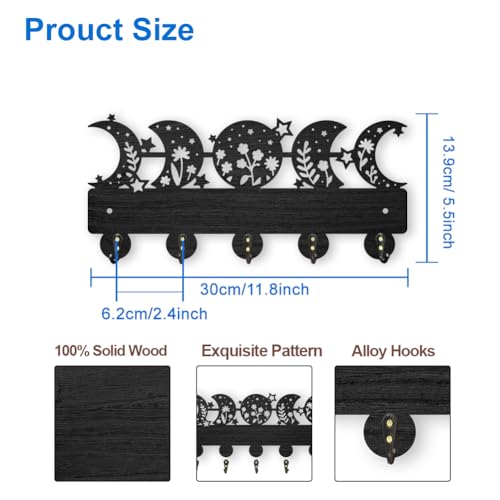 MAYJOYDIY Moon Phase Star Coat Rack Wall Mount Wooden Floral Moon Key Holder for Wall 11.8×5.5inch 5 Alloy Hooks Dreamy Wall Art Decor Black Key Rack Organizer for Gift Entryway Hallway Kitchen Room - color: Moon Phase Star