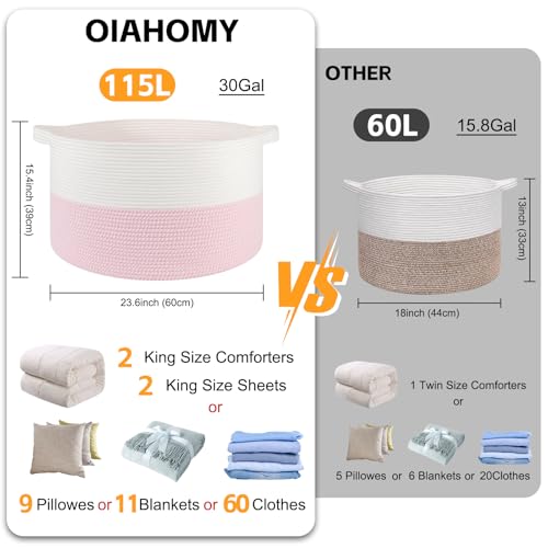 OIAHOMY 115L Extra Large Blanket Basket, 23.6" x 15.4" Woven Cotton Rope Laundry Basket for Organizing Pillows, Decorative Stuffed Animal Toy Storage Bin for Nursery, White and Pink - color: White and Pink, size: 23.6"D x 15.4"H