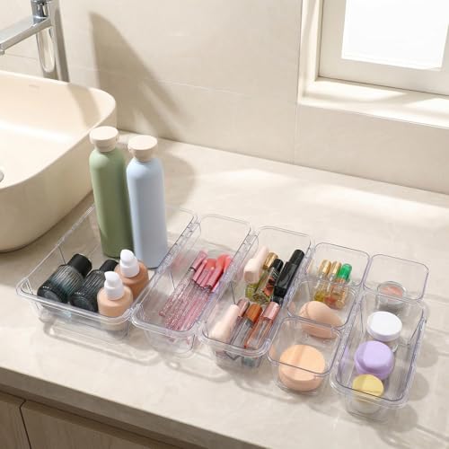 14 Pcs Clear Drawer Organizer - 3 Sizes, Adjustable Drawer Storage Box, Desk Drawer Organizer, Acrylic Storage Bins for Makeup, Cosmetic, Kitchen Utensils, Bedroom Dressers Tool Organizer for Gadgets