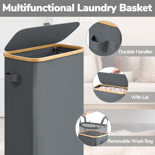 Goodpick Slim Laundry Basket with Wheels and Lid, 75L Rolling Dirty Clothes Hamper for Dorm Bathroom, Large Laundry Hamper with Bamboo Frame Removable Bag, 17" x 9.8" x 29.5", Gray - color: Gray, size: 75L (17"L x 9.8"W x 29.5"H)