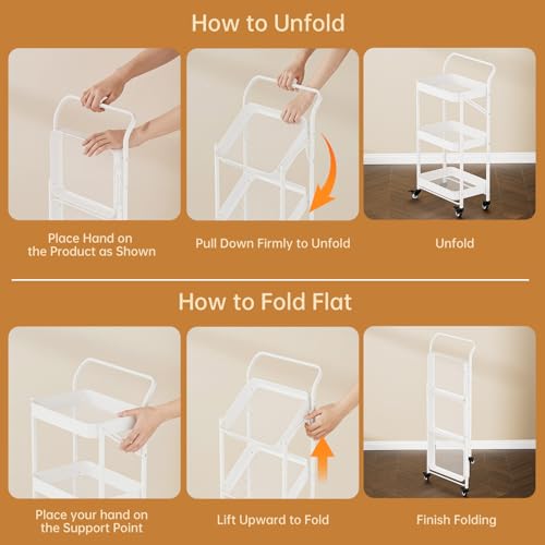 JAQ Foldable Rolling Cart, 3-Tier No Assembly Metal Utility Cart with Handle, Heavy Duty Folding Storage Trolley Organizer on Wheels for Kitchen, Office, Craft Art, Baby Diaper, Snacks, Books, White - color: White /3-tier, size: No Assembly
