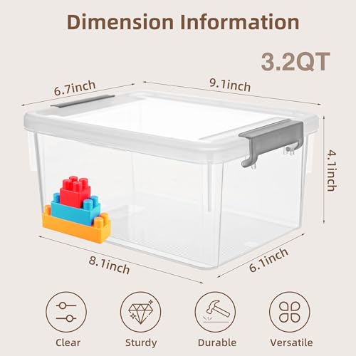 Anywish Small Storage Bins with Lids 3.2 QT Plastic Storage Containers for Organizing Stackable Clear Storage Boxes,Clear White(6 Packs)