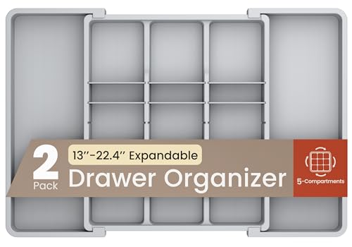 Gray Expandable Utensil Drawer Organizer 2 Pack, Adjustable 13” to 22.4”, 5 Compartment Silverware Organizer for Kitchen Utensils, Spatulas, Cutlery, and Tools, Easy to Clean, Durable, and BPA-Free - color: Gray, size: 5 Comp'ts (Pack of 2)