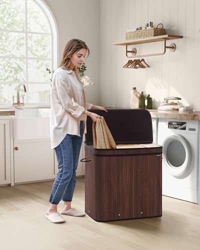 SONGMICS Laundry Hamper with Lid, Bamboo Laundry Basket, Removable Machine Washable Laundry Basket, with Handles, 39.6-Gallons, for Laundry Room, Bedroom, Bathroom, Chestnut Brown ULCB062K01 - color: Chestnut Brown, size: 150 L