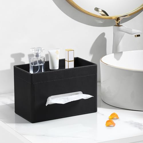 Plus Size Tissue Box Cover Rectangle, PU Leather Tissue Box Holder with Storage Tray, Decorative Organizer Tissue Holder for Bathroom, Bedroom Dresser, Night Stand, Office (Black) - color: Black