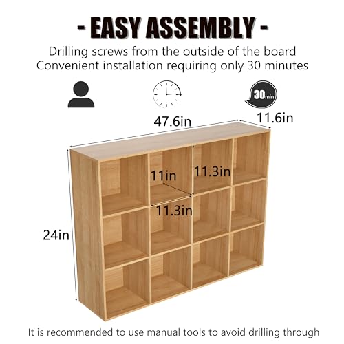 Wooden 12 Cube Storage Organizer with Closed Back Panel,Natural Oak Cube Shelf Cubby Storage Organizer with Compartments for Living,Bookshelf, Easy to Install (Oak, 12-Cube-11in) - color: Oak, size: 12-Cube-11in