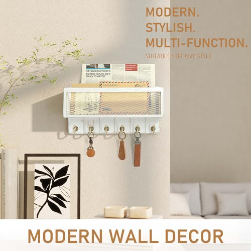 Rebee Vision Pine Wooden Key Holder Wall Mount with Mail Organizer Basket – Rustic Farmhouse Wall Decor for Living Room – Vintage Key Rack & Storage Organizer for Home Essentials (Whitewash) - color: Whitewash