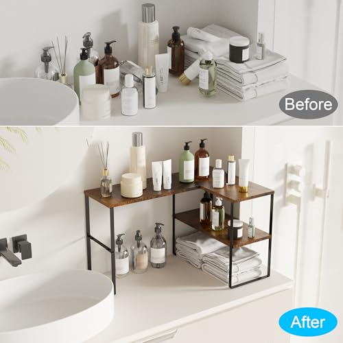 Golener Countertop Organizer Corner Shelf, 2 Tier Adjustable Stackable Corner Shelves for Kitchen, Bathroom, Spice Rack, Coffee Area, Over Sink, Dresser Table, Corner Counter Shelf Stand, Rustic Brown - color: Rustic Brown, size: Large Modern