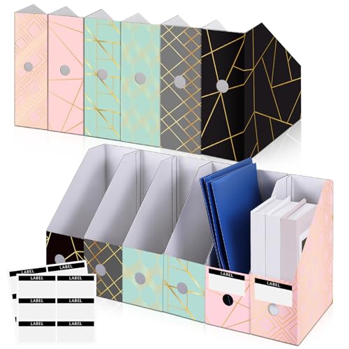 PerKoop 6 Pcs Decorative Magazine File Holders Floral Foldable File Folders Magazine Storage Boxes Rack Desk Organizer Documents with Printable Labels for School Office Home (Geometric Lines) - style: Geometric Lines