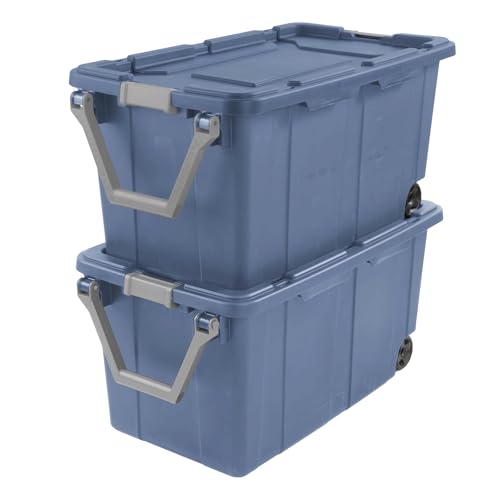 Heavy-Duty Wheeled Storage Totes, Blue Industrial Container with Latching Lid, 40 Gallon Capacity, 36.75x21.38x18 Inches, 2 Pack