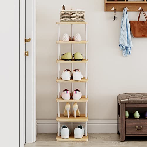 AZERPIAN Shoe Rack 7 Tier Vertical Storage Organizer Narrow Metal Slim Shelf Modern Free Standing Shoe Tower Saving Space for Closet Entryway Bedroom,White - color: White+sonoma Oak, size: 7 Tier