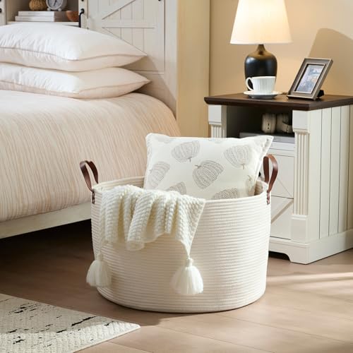 Luxury Little Extra Large Nursery Storage Basket, 22 x 22 x 14 inches - 100% Cotton Rope Baskets with Handles, Laundry Basket for Toys, Blankets & Pillows - Off White with Leather Handles - color: White