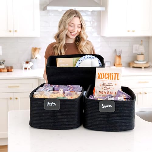 NaturalCozy Storage Baskets 16.8”x13”x7.6” Cotton Rope Woven Baskets for Organizing 3-Pack | Toy Storage Bins | Basket for Shelves, Laundry, Blanket, Clothes, Closet, Kitchen, Bathroom, Gifts - color: Black