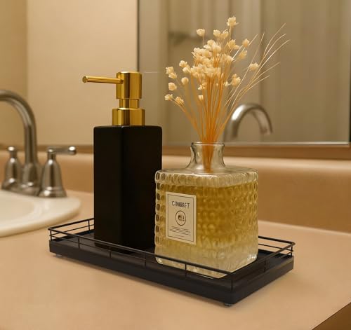 Bathroom Vanity Tray for Countertop, 12" x 6" Oak Wood Toilet Tank Tray with Metal Guardrail, Bathroom Organizer for Soap, Perfume & Skincare, Non-Slip Decorative Tray for Dresser & Vanity, Black - color: Black, size: 12" x 6" x 1.5"