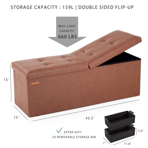 HAUSFRAU Storage Ottoman Bench with Flipping Lid, 43.3 Inches Storage Chest Footsrest, Folding Foot Stool for Entryway, Living Room, Bedroom, Linen Beige - color: Beige, size: 15"D x 43.5"W x 15"H
