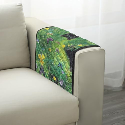 Green Grass Black Cat Floral Print Arm Rest Cover for Sofa with 2 Pockets Dustproof Chairs Arm Covers Anti-Scratch Furniture Protector for Pet Dog Cats Loveseat Armrest Covers - color: Green Grass Black Cat Floral