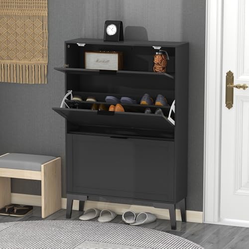 TaoHFE Modern Shoe Cabinet for Entryway - Black Wooden Hidden Shoe Cabinet - Narrow Free Standing 3 Tier Rack - color: Black