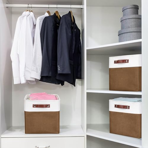 Bagnizer Collapsible Fabric Storage Cubes 11x11 Cube Storage Bins, 4 Pack Closet Baskets Box with Handles for Organizing, Shelf, Toys, Clothes, Home, Office, Nursery (Brown&White) - color: Brown / Off-White, size: Cube - 11"x11"x11"