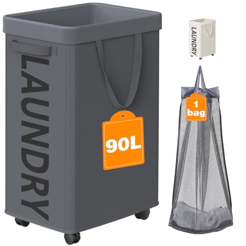 Optish Laundry Basket with Wheels, 90L Rolling Laundry Hamper with Wheels, Large Clothes Hamper on Wheel with Removable Mesh Bag for Bedroom, Bathroom, Dorm, Grey - color: Grey