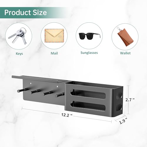 Key and Mail Holder for Wall, Key Hooks Rack Hanger Organizer Wall Mount with Small Shelf, Metal Entryway Living Room Storage Decor for Coat Purse Bag Wallet Dog Leash, White - color: Black