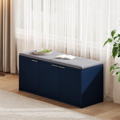 2-Tier Shoe Storage Bench with 3 Doors & Adjustable Shelf, Removable Washable Padded Seat Cushion, 41.3" Entryway Storage Cabinet for Living Room, Bedroom – Navy Blue Modern Design - color: Navy Blue, size: 41.3"