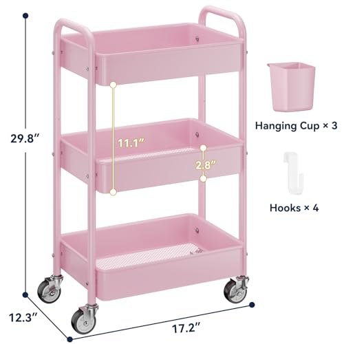 YASONIC 3-Tier Metal Rolling Cart, Heavy Duty Utility Cart with Lockable Wheels, Hanging Cups, Hooks, Mesh Rolling Storage Cart Craft Organizer, Lightweight and Sturdy, Pink - color: Pink