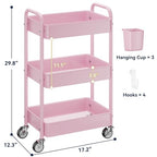 YASONIC 3-Tier Metal Rolling Cart, Heavy Duty Utility Cart with Lockable Wheels, Hanging Cups, Hooks, Mesh Rolling Storage Cart Craft Organizer, Lightweight and Sturdy, Pink - color: Pink