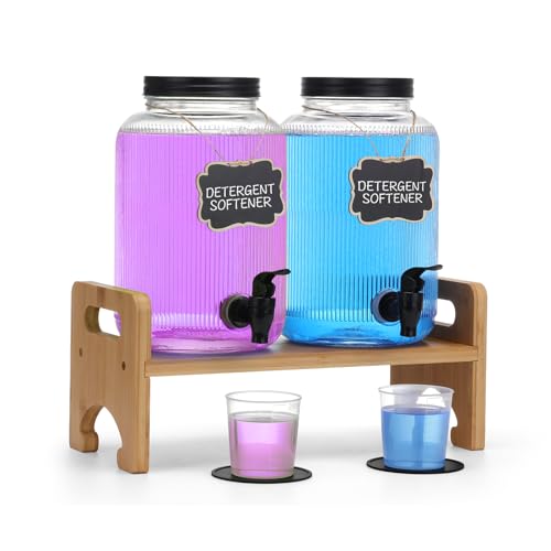 2-Pack Laundry Detergent Dispenser with Bamboo Stand，1 Gallon Laundry Soap Dispenser with Measuring Cup，Glass Laundry Detergent Containr for Laundry Room Organization and Storage
