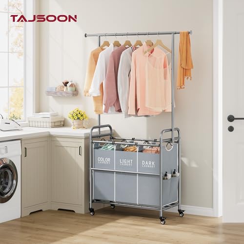 Tajsoon Laundry Sorter with Hanging Bar, 3 Section Rolling Laundry Hamper with Heavy Duty Lockable Wheels, Laundry Basket with Hanging Rack for Bedroom, 3 Gray - color: Gray, size: 3 bag