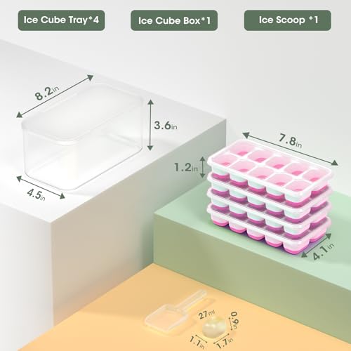 DOQAUS Ice Cube Tray with Lid and Bin - 4 Pack Silicone Ice Cube Trays for Freezer, Stackable Ice Bucket Kits with Storage Container & Scoop for Kitchen, RV, Cocktail, Coffee - color: Light Pink