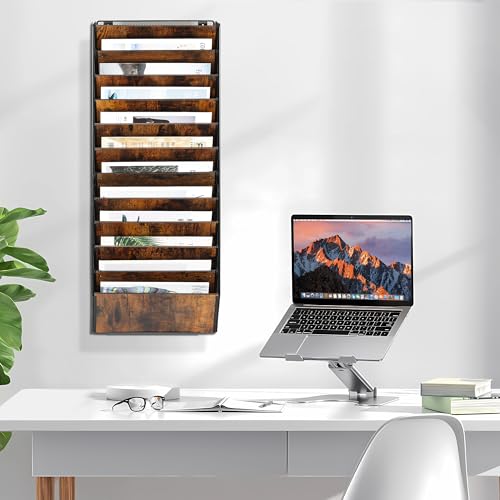 TQVAI 12-Pocket Hanging Wall File Organizer - Metal Folding Wall Mounted Mail Document Holder, Multi-Purpose Clipboard Storage Rack for Office, Homeschool, Classroom Organization, Black/Vintage - size: 12 Pockets