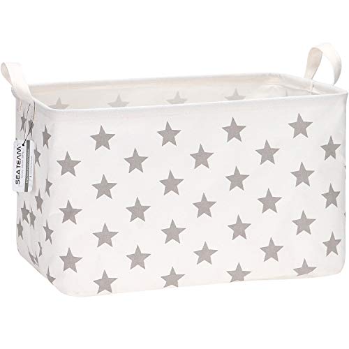 Sea Team Collapsible Canvas Fabric Storage Basket with Handles, Rectangle Waterproof Storage Bin, Box, Cube, Foldable Shelf Basket, Closet Organizer, 16.5 x 11.8 x 9.8 Inches, Grey Star - color: Star/Grey, size: 16.5 Inch (Pack of 1)