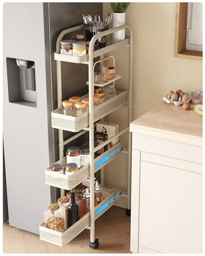 UMDONX Slim Storage Cart 4 Tier with Pull Out Basket Bathroom Organizer Rolling cart, Rolling Utility Cart Slide Out Organizer for Kitchen, Bathroom, Laundry White - color: White, size: 4 Tier