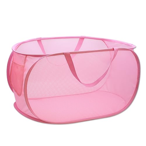 Pop Up Laundry Hamper,Collapsible Horizontal Baskets with Handles & Side Pocket,Foldable Sturdy mesh for Laundry Room,Bathroom,Kids Room,College Dorm or Travel (Pink) - color: Pink