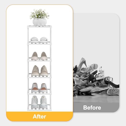 SHIISEWE White Bamboo Shoe Rack for Small Spaces 6 Tier Tall Vertical Narrow Rack - color: White