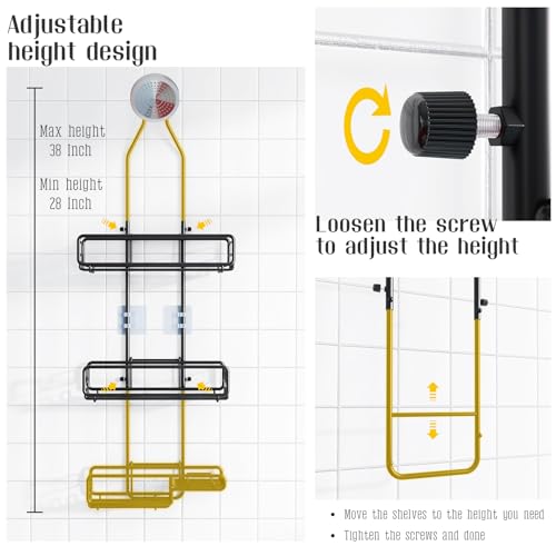 Shower Caddy Hanging Bathroom Organizer: Over Head Adjustable Rack for Tall Showerhead - Extra Large Storage Shelf for Big Shampoo Bottles with Soap Holder - color: Black