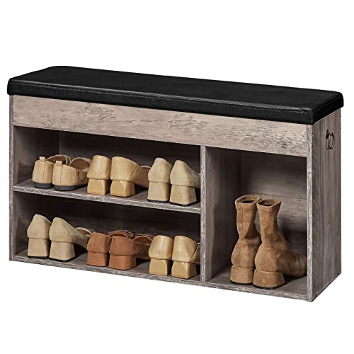 HOOBRO Shoe Storage Bench with Cushion, 32.3'' Entryway Bench with Lift Top Hidden Storage and Adjustable Shelves, Wooden Shoe Rack Bench for Entryway Bedroom, Rustic Brown and Black BG40HX01 - color: Greige + Black
