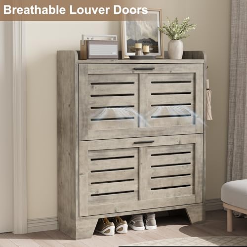 Garvee Shoe Storage Cabinet with 2 Flip Drawers, Freestanding Shoe Organizer Storage for Entryway with 2 Side Hooks, Farmhouse Hidden Slim Narrow Shoe Rack Cabinet, Gray - color: Grey, size: 2-Drawers