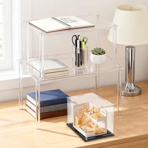Clear Cabinet Organizer, 4 Pack Acrylic Cabinet Organizer and 1PC Acrylic Display Box, Stackable Spice Rack Organizer Shelf for Kitchen Dishes, Spices, Soda Cans and Bottles