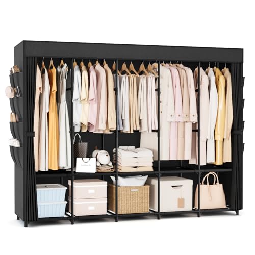 Portable Closet Storage, Portable Wardrobe Closet Organizer Clothes Rack wtih Cover, Hanging Rod, Storage Shelves and Side Pockets, Large Portable Closets for Hanging Clothes, Black - color: Black, size: 5 Row - 82'' Wide