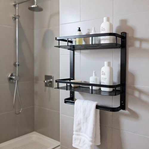 Shower Caddy，2 Pack with Towel Hanger,No-Drilling，Bathroom Shower Organizer，Rust-Proof Aluminum Alloy, Caddy for Kitchen & Home Decor，Adhesive Caddy,with Large Capacity, Black Color - color: Black-rectangle