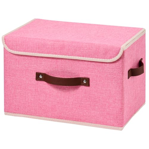 Storage Boxes with Lid Cotton Linen Fabric Storage Bins Organizer Container Decorative Collapsible Washable Shelf Baskets Faux Leather Handles for Home Bedroom Closet (Pink, Large) - color: Pink, size: Large (Set of 1)