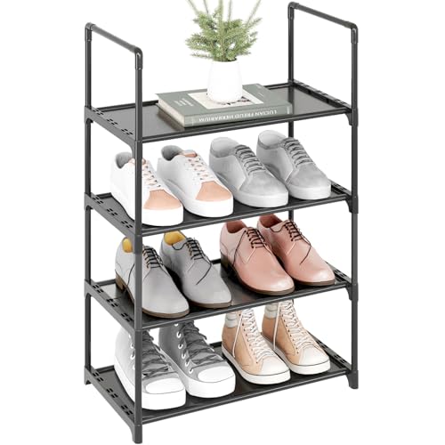 Upgrade Stackable Small Shoe Rack, 4-Tier Shoe Shelf Storage Organizer with Handle for Entryway, Hallway and Closet (Black) - size: 4-Tier(Black)