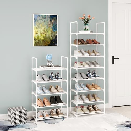 Metal Small Shoe Rack,Stackable Kids Shoe Stand,Narrow Shoe Storage Shelf for 8-10 Pairs of Shoes Entryway and Closet Hallway (4-Tier, White) - color: White, size: 4-Tier (no handle)