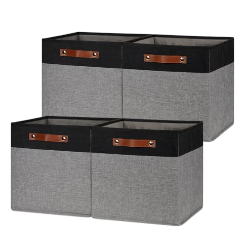 HNZIGE Storage Baskets for Organizing, Set of 4, Square Fabric Storage Cubes Bins 13 x 13, Collapsible Black Storage Bins for Shelves, Closets, Nursery, Home, Office (Black&Grey) - color: Black Gray, size: 13"x13"x13"-4pack