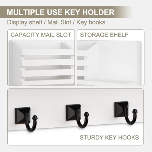 Key Holder Wall Mount, Mail Organizer for Wall with 5 Square Rustic Key Hooks Key Shelf Farmhouse Home Decor for Entryway - color: White