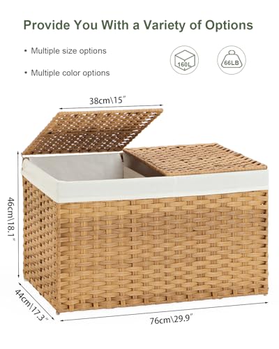 SETVSON Storage Basket with Lid Wicker Baskets for Storage with 2 Separate Lid 42.3 Gallon (160 L) 29.9 x 17.3 x 18.1 Inches Rattan Woven Large Wicker Basket with 2 Liners for Bedroom Laundry Natural - color: Natural, size: 160L-29.9L*17.3W*18.1H